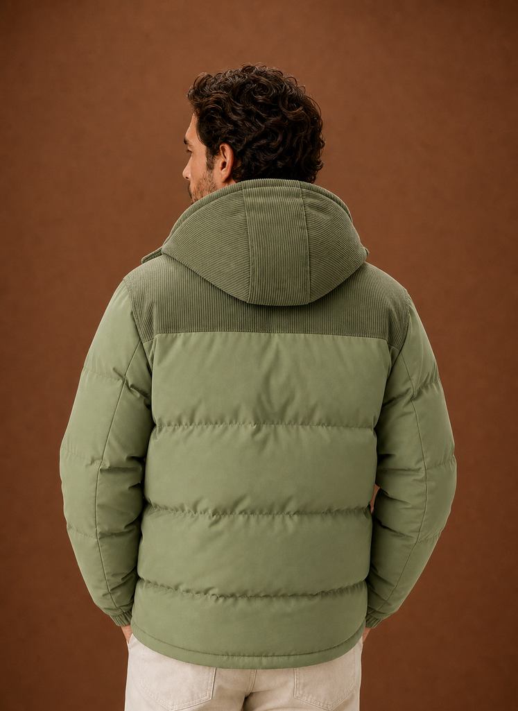 Men's Hooded Winter Puffer Jacket with Corduroy Collar