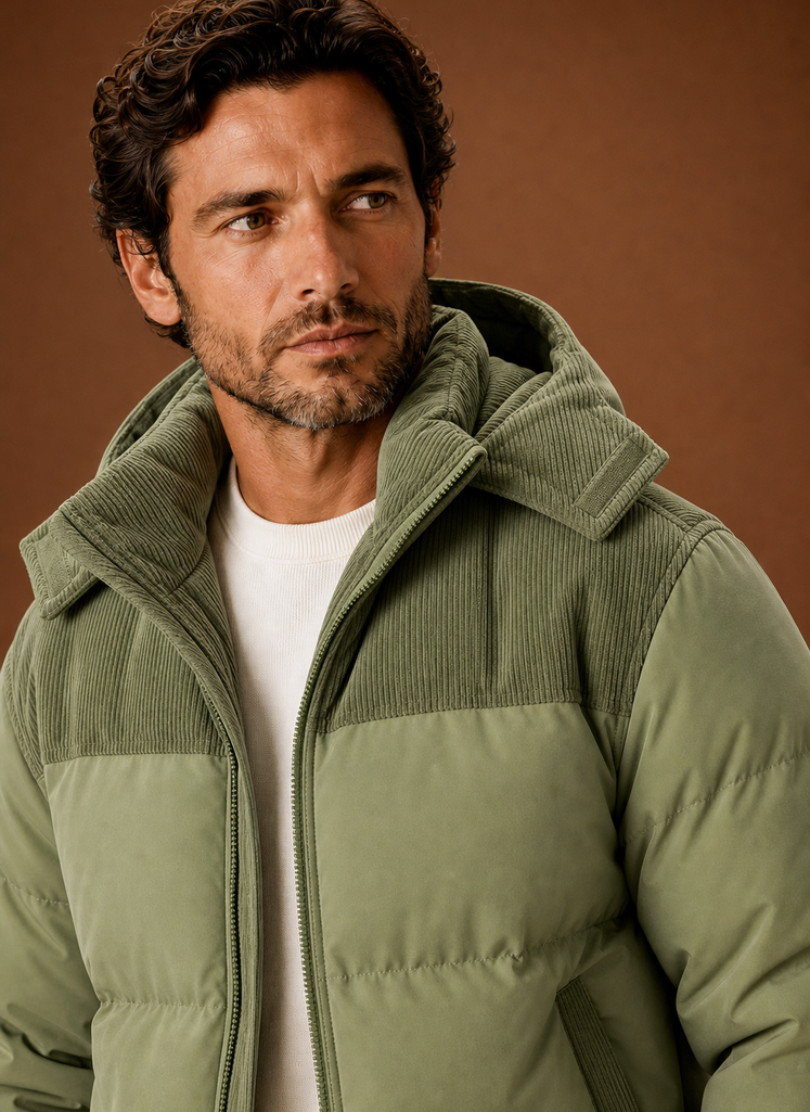 Men's Hooded Winter Puffer Jacket with Corduroy Collar
