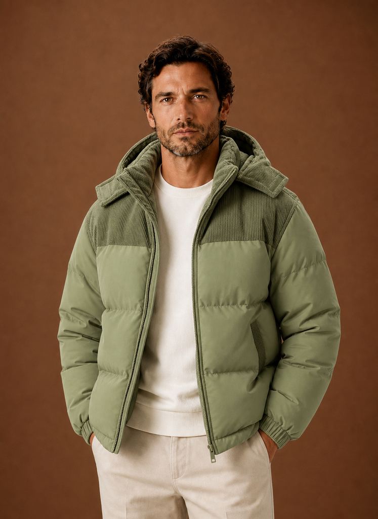 Men's Hooded Winter Puffer Jacket with Corduroy Collar