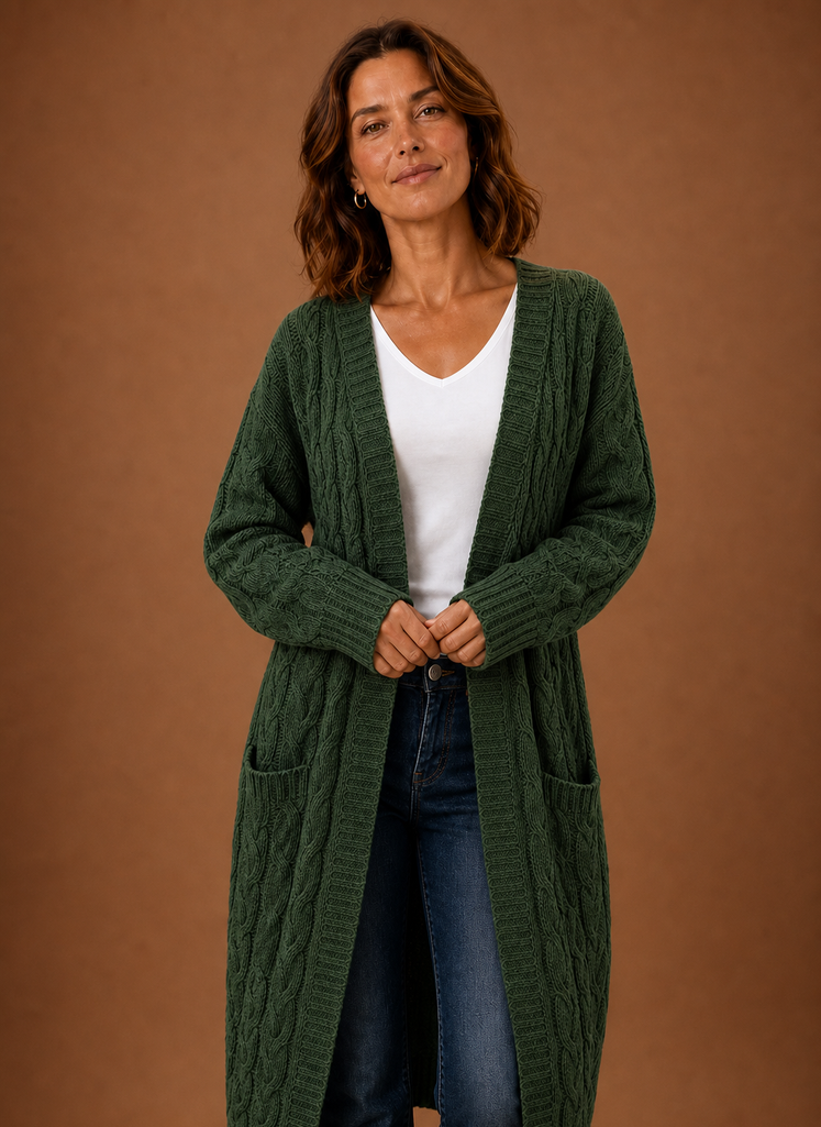 Cable Knit Cardigan for Women - Hooded Long