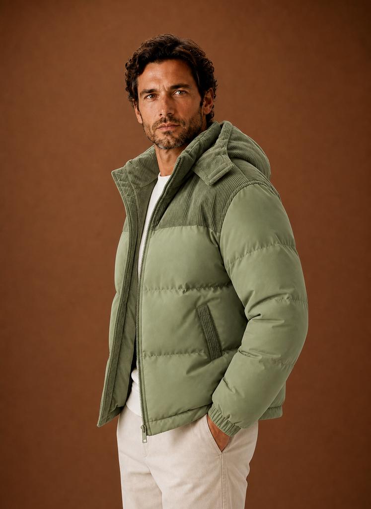Men's Hooded Winter Puffer Jacket with Corduroy Collar