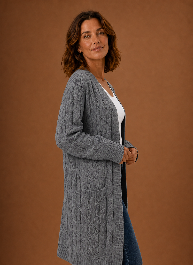 Cable Knit Cardigan for Women - Hooded Long