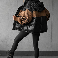Natalie puffer coat back view with hood up