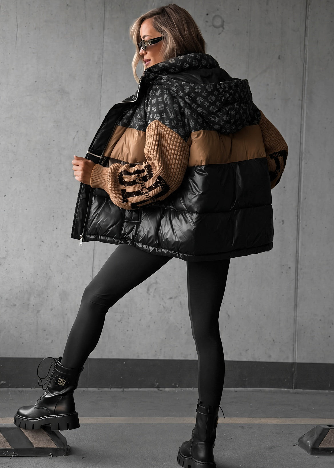 Natalie puffer coat back view with hood up