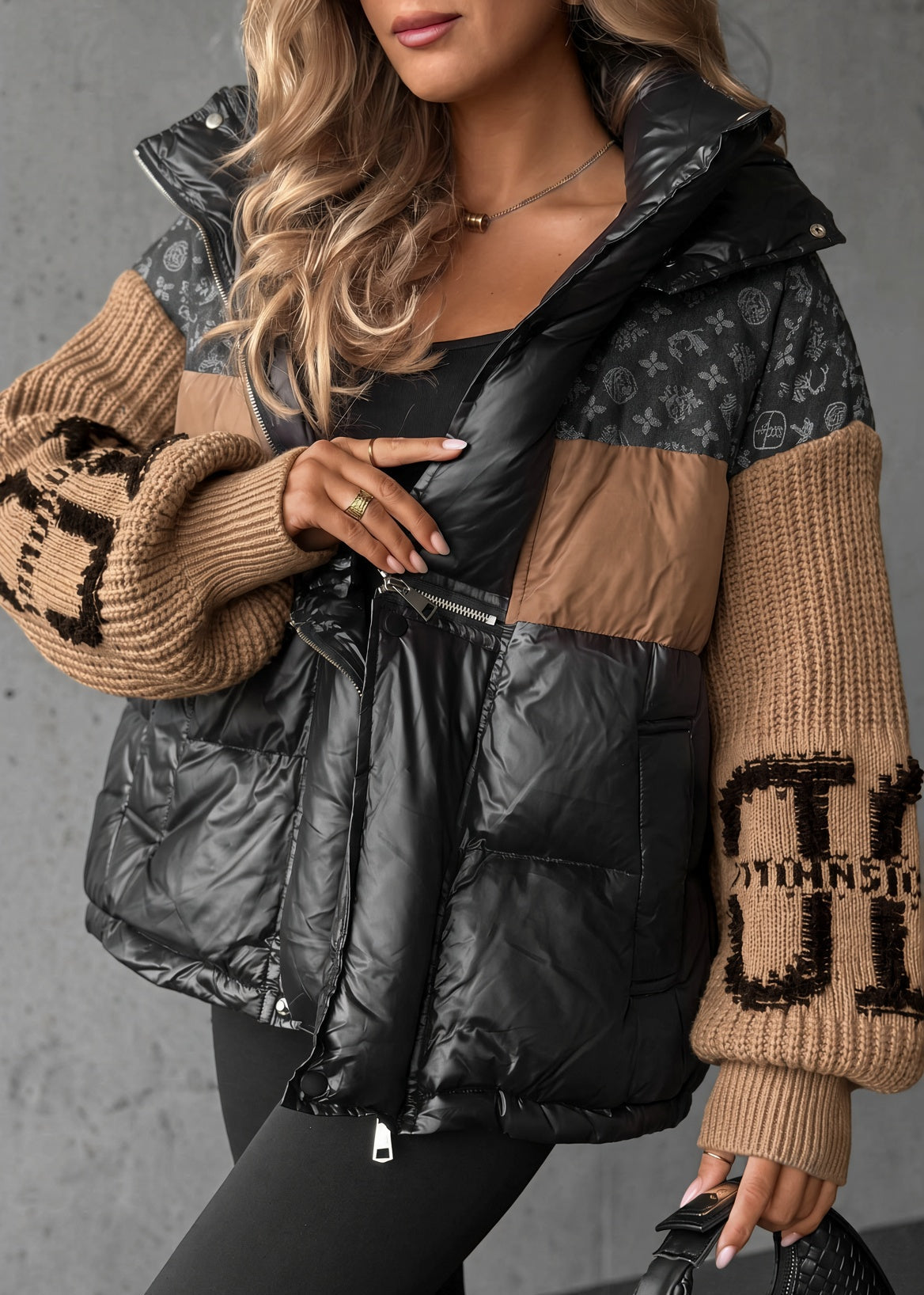 Natalie puffer coat ribbed knit sleeve detail