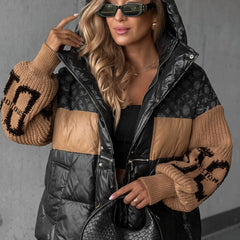 Natalie oversized colourblock puffer coat with funnel hood, front view