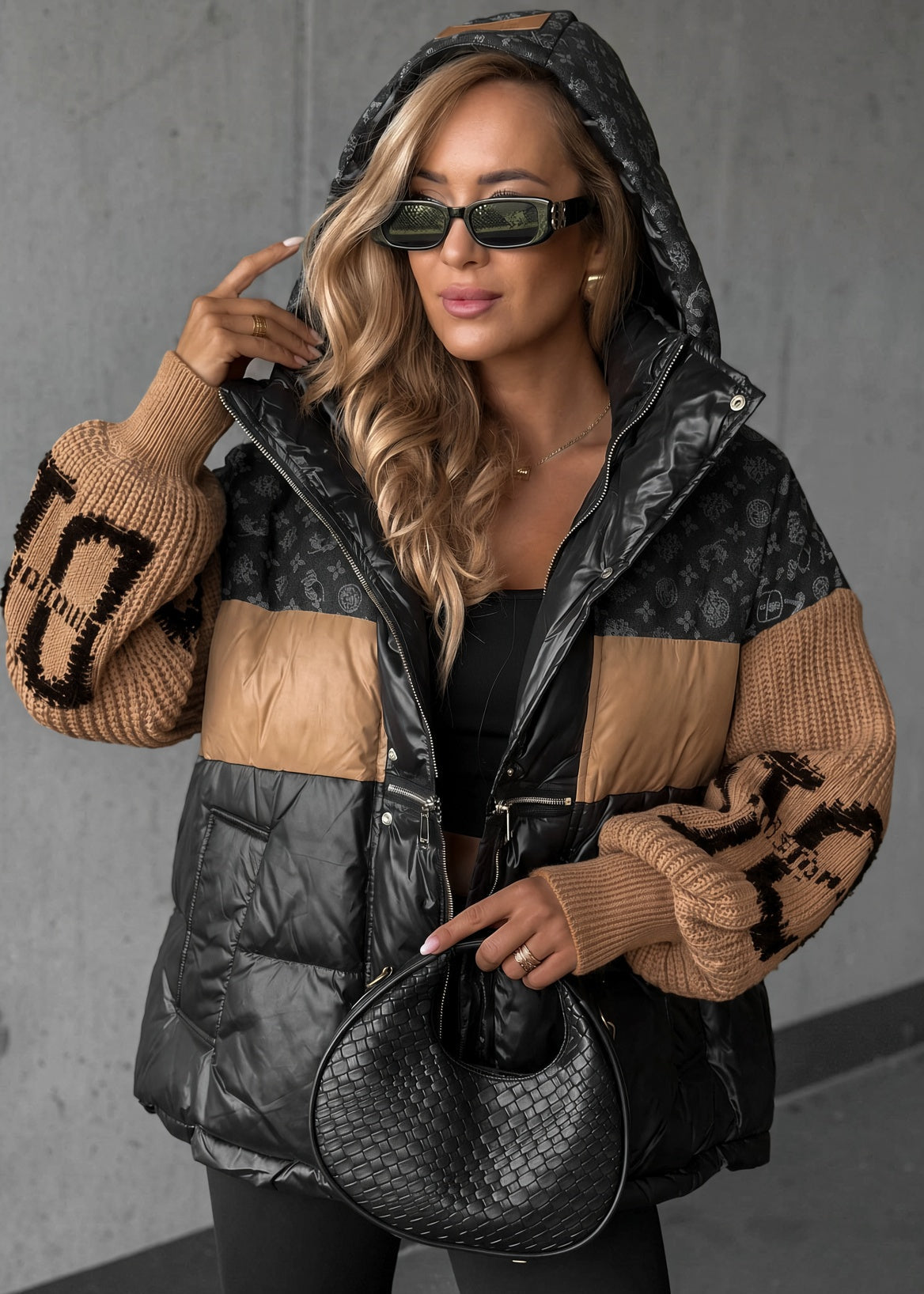 Natalie oversized colourblock puffer coat with funnel hood, front view