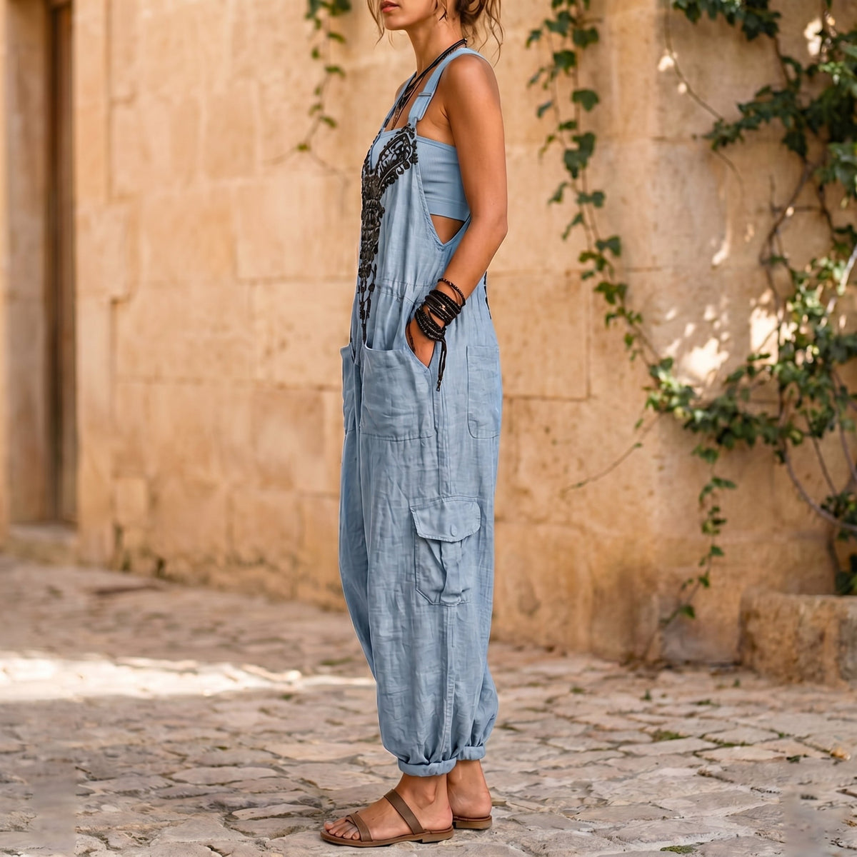 Erminilde | Embroidered V-Neck Harem Jumpsuit