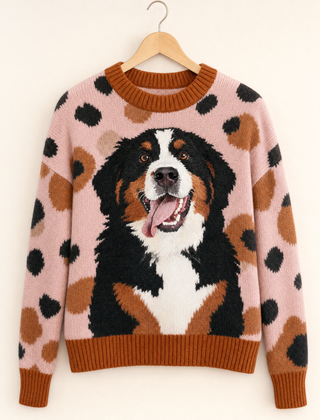 Bonnie Bernese mountain dog jumper in Pink on a wooden hanger
