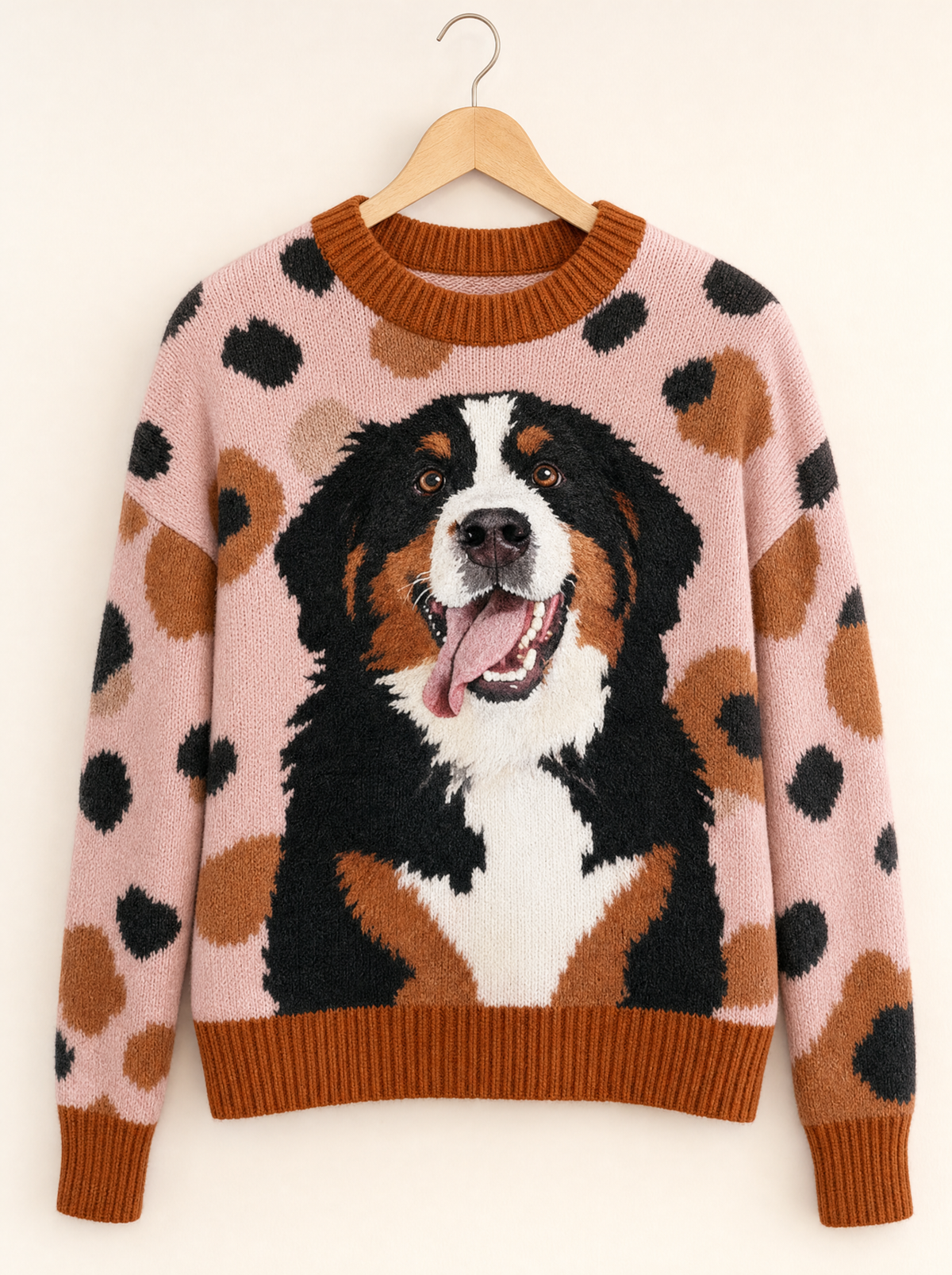 Bonnie Bernese mountain dog jumper in Pink on a wooden hanger