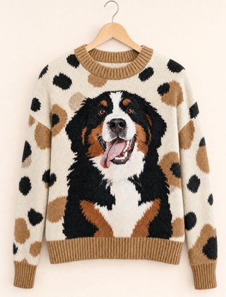 Bonnie Bernese mountain dog jumper in Cream on a wooden hanger