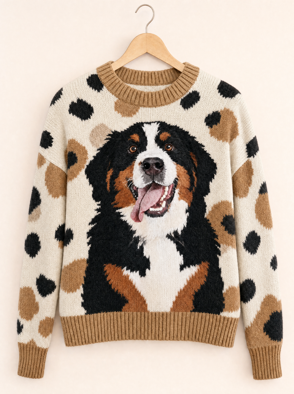 Bonnie Bernese mountain dog jumper in Cream on a wooden hanger