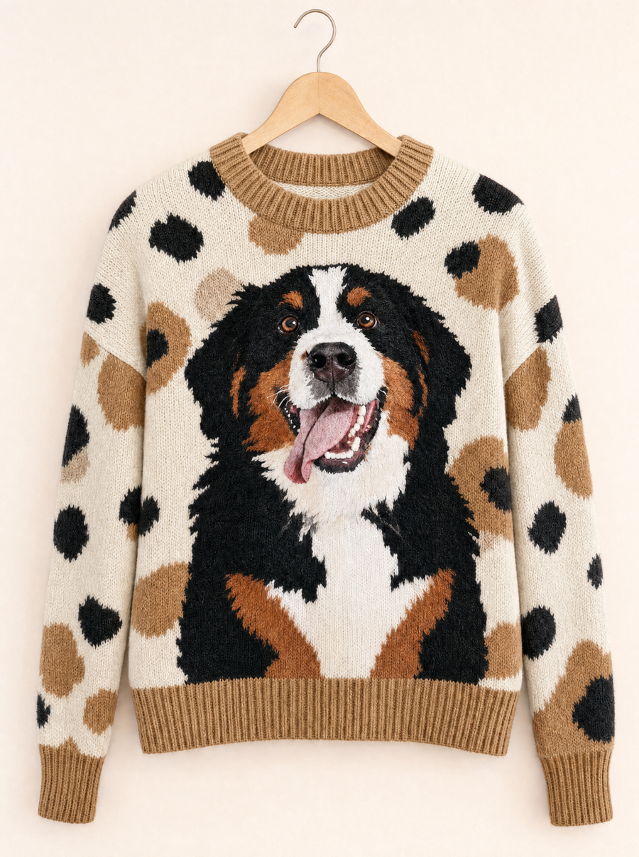 Bonnie Bernese mountain dog jumper in Cream on a wooden hanger
