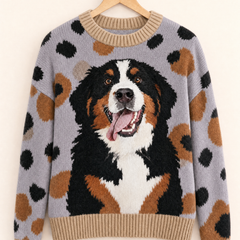Bonnie Bernese mountain dog jumper in Grey on a wooden hanger