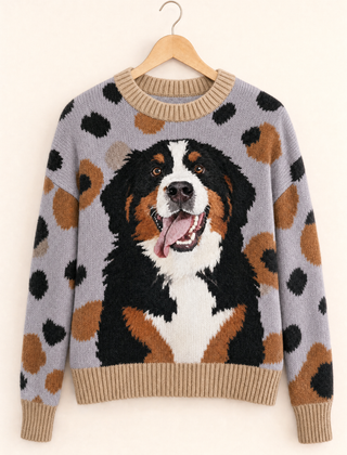 Bonnie Bernese mountain dog jumper in Grey on a wooden hanger