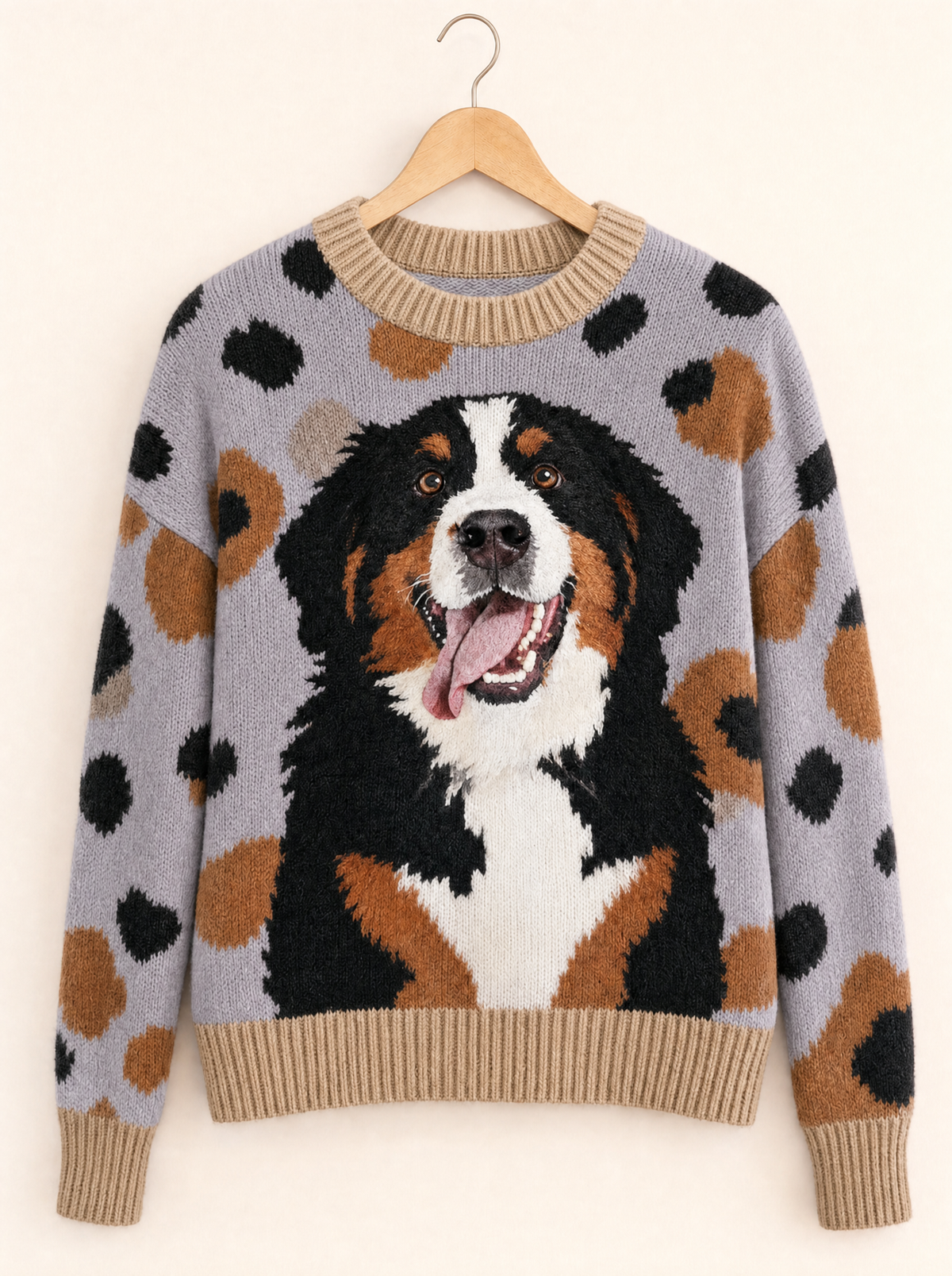 Bonnie Bernese mountain dog jumper in Grey on a wooden hanger