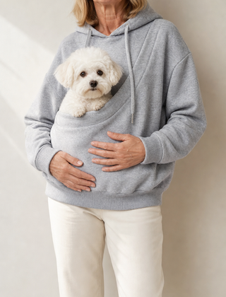 Tilly Pet Pocket Fleece Hoodie in Light Grey, worn with a small dog in the front pouch, Abbey Lane