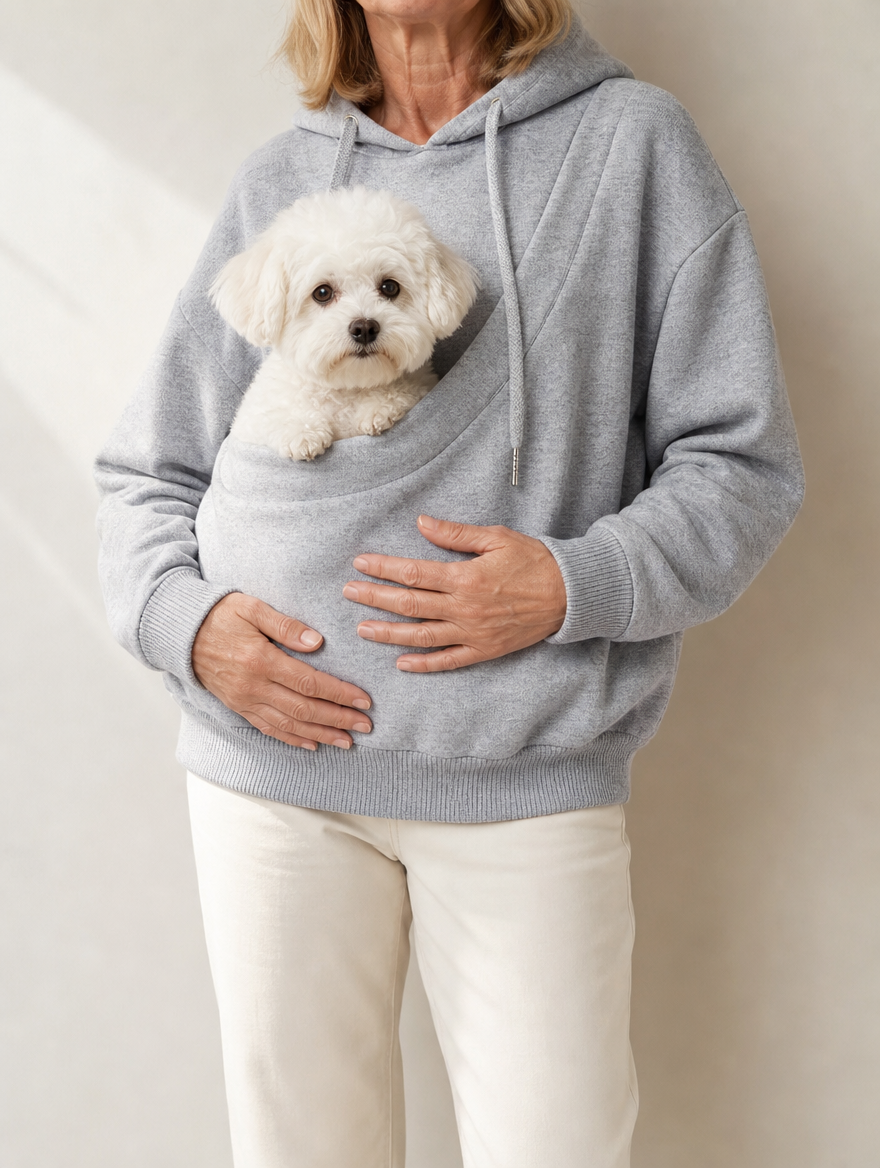 Tilly Pet Pocket Fleece Hoodie in Light Grey, worn with a small dog in the front pouch, Abbey Lane