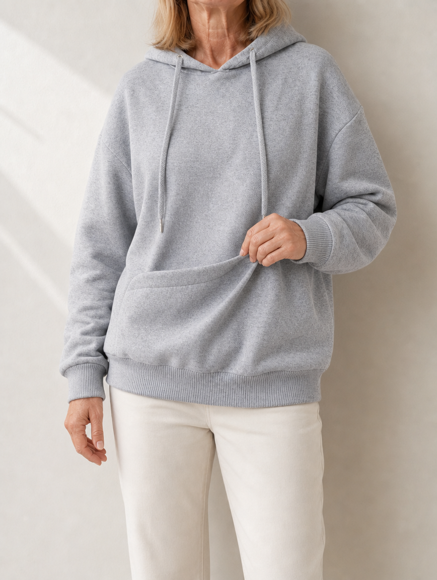 Tilly Pet Pocket Fleece Hoodie, the curved front pouch shown open, Abbey Lane