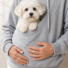 Tilly Pet Pocket Fleece Hoodie, close up of a small dog in the front pouch, Abbey Lane