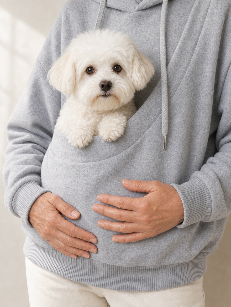 Tilly Pet Pocket Fleece Hoodie, close up of a small dog in the front pouch, Abbey Lane