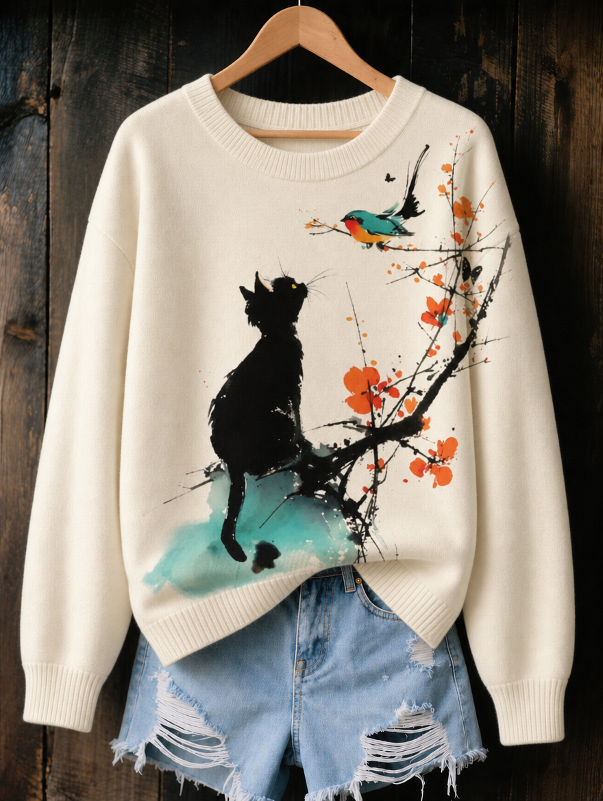 Ivy Cat and Blossom Jumper in Cream