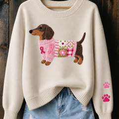 Dotty Dachshund Print Jumper in Beige