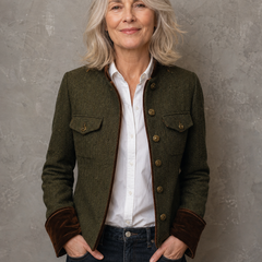 Rachel herringbone jacket in olive with velvet cuffs, front view
