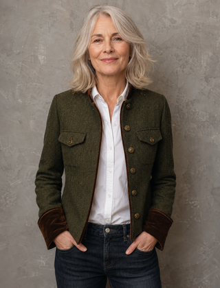 Rachel herringbone jacket in olive with velvet cuffs, front view