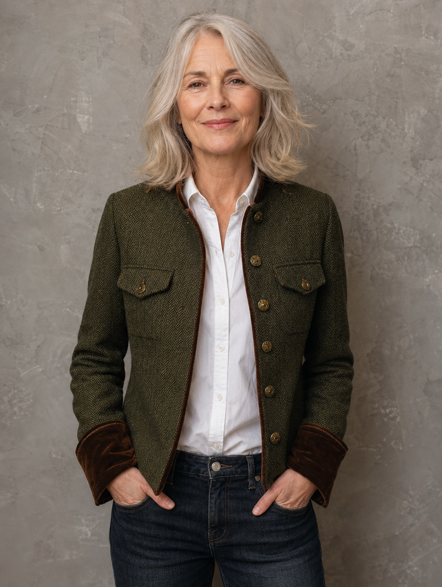 Rachel herringbone jacket in olive with velvet cuffs, front view