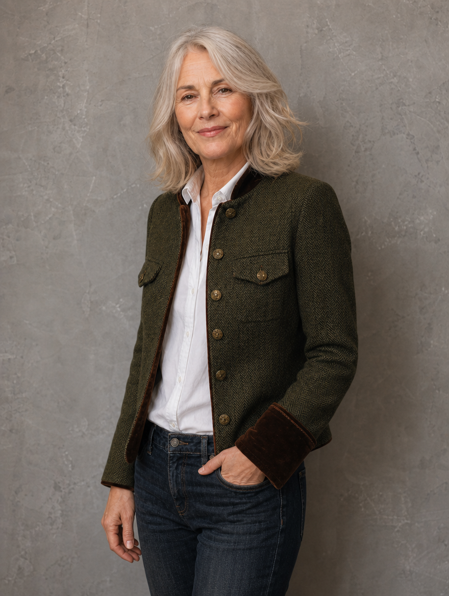 Rachel herringbone jacket in olive, side view