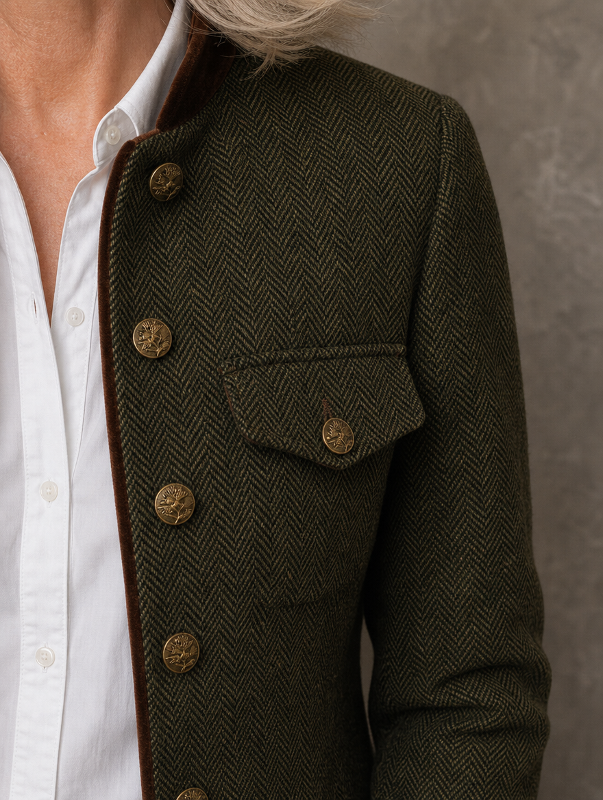 Rachel jacket detail: herringbone weave, bronze buttons and velvet trim
