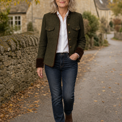 Rachel herringbone jacket worn on an autumn village lane