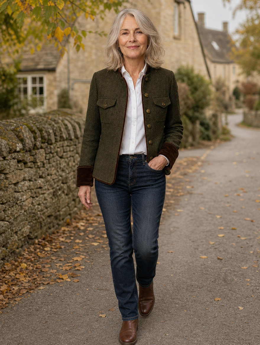 Rachel herringbone jacket worn on an autumn village lane
