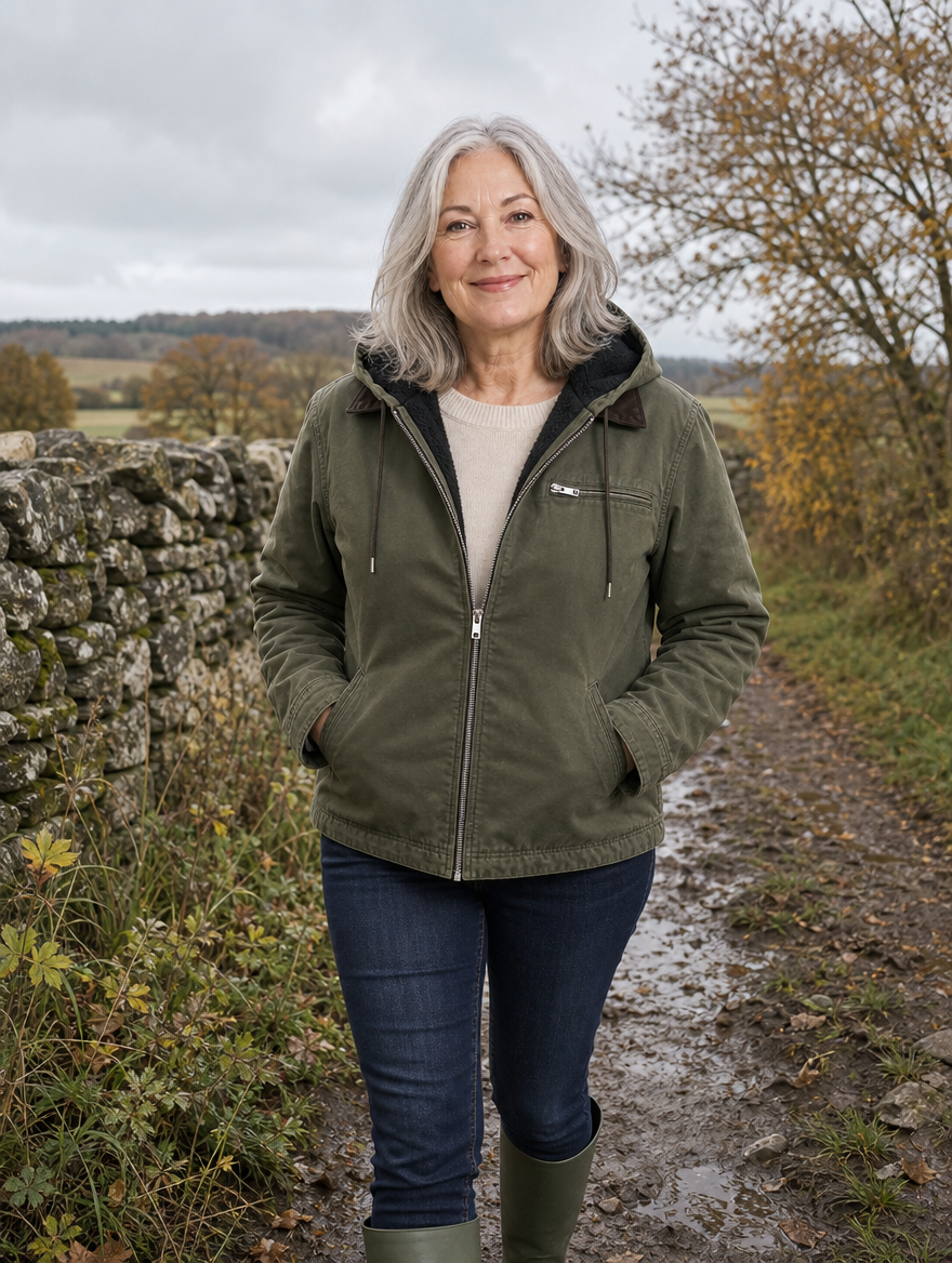 Wellington jacket in Olive on a countryside walk