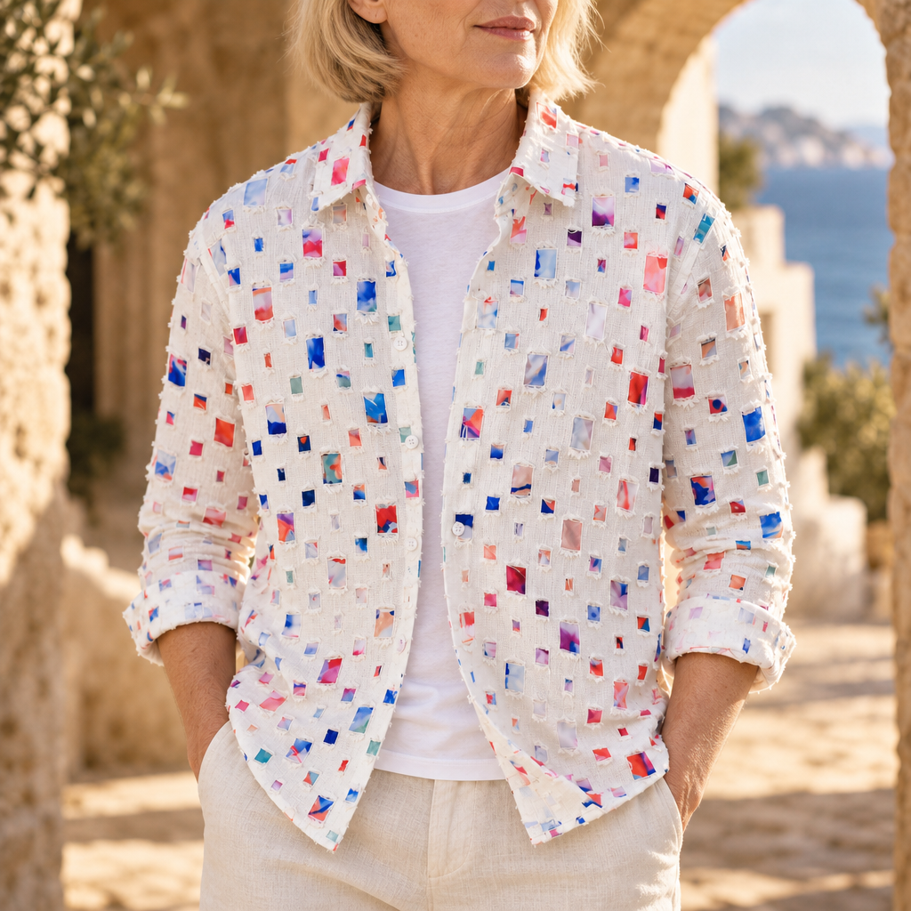 Tamsin Frayed Mosaic Blouse in Ivory Brights