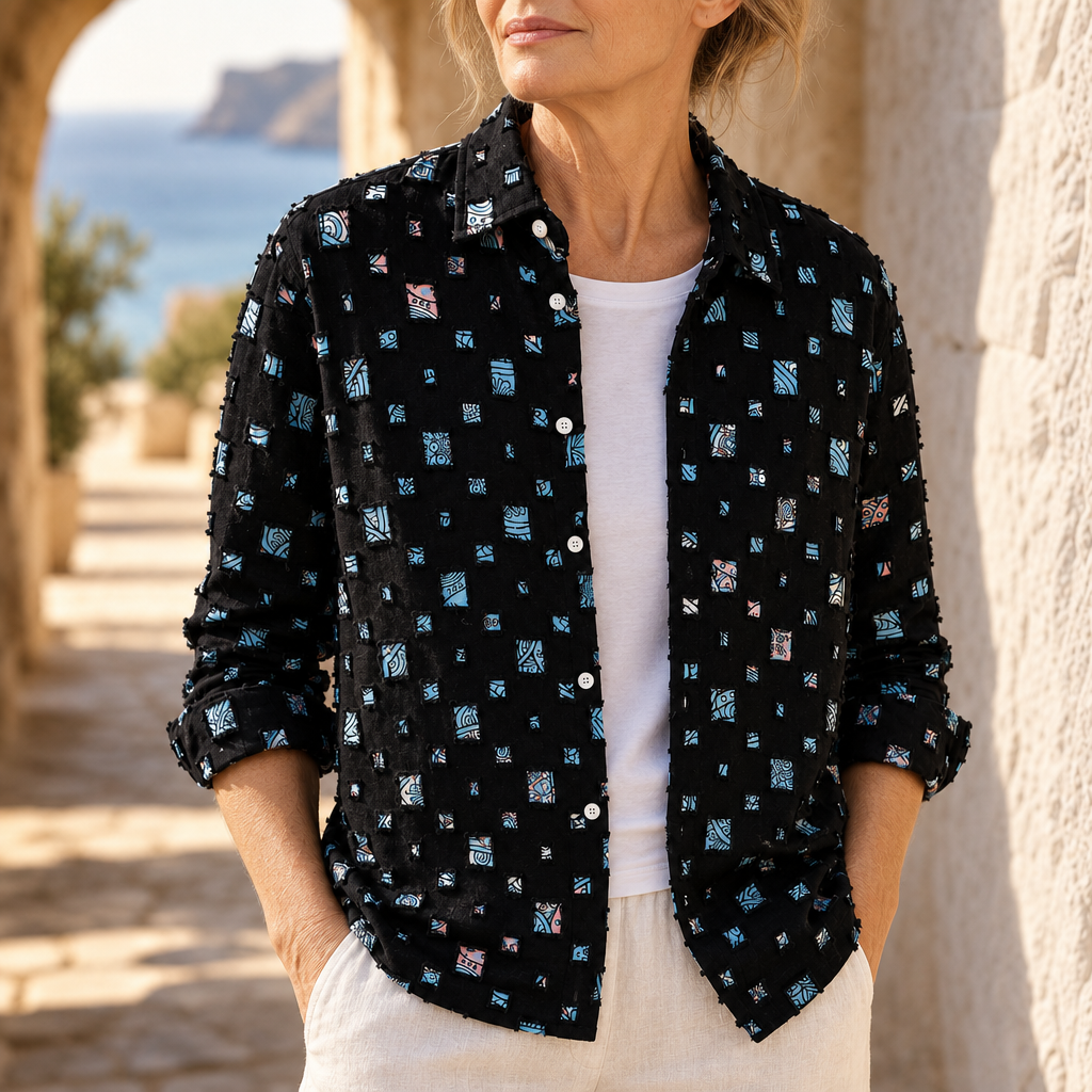 Tamsin Frayed Mosaic Blouse in Black and Sky Blue