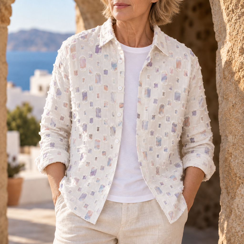 Tamsin Frayed Mosaic Blouse in Cream Pastels