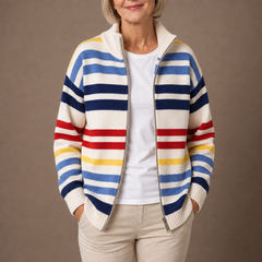 Emmett striped zip cardigan in Cream, worn open over a white tee