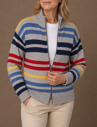 Emmett striped zip cardigan in Grey, worn open over a white tee