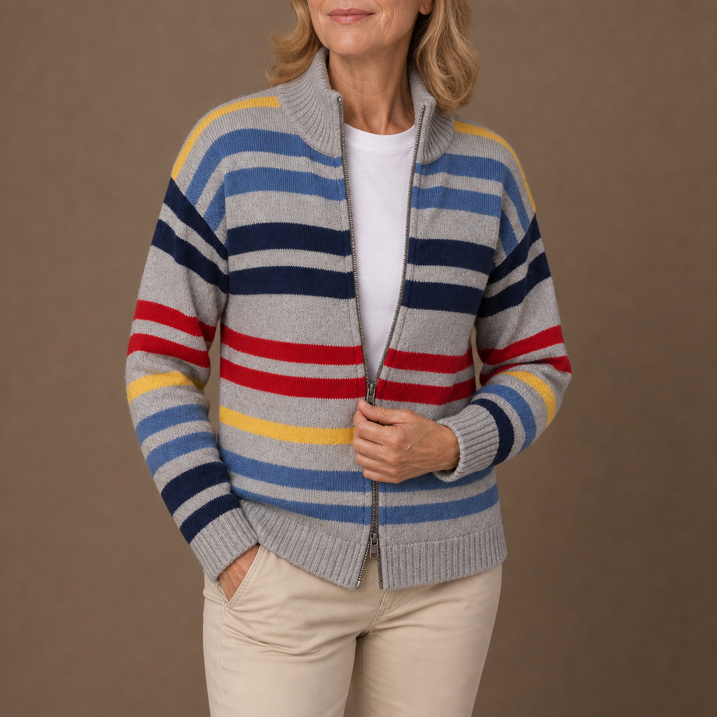 Emmett striped zip cardigan in Grey, worn open over a white tee