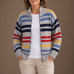 Emmett striped zip cardigan in Grey, hands in pockets