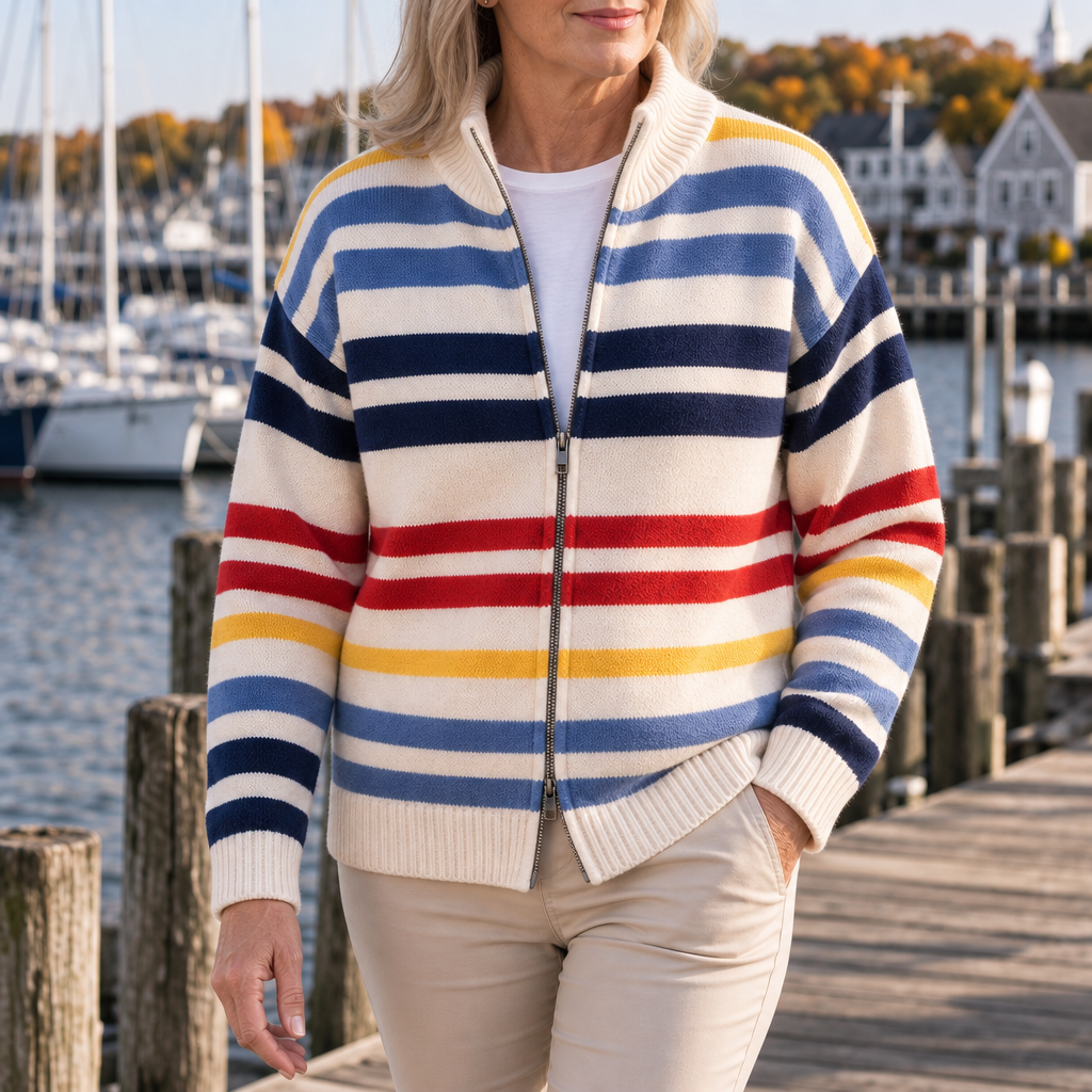 Emmett striped zip cardigan in Cream, walking on the jetty