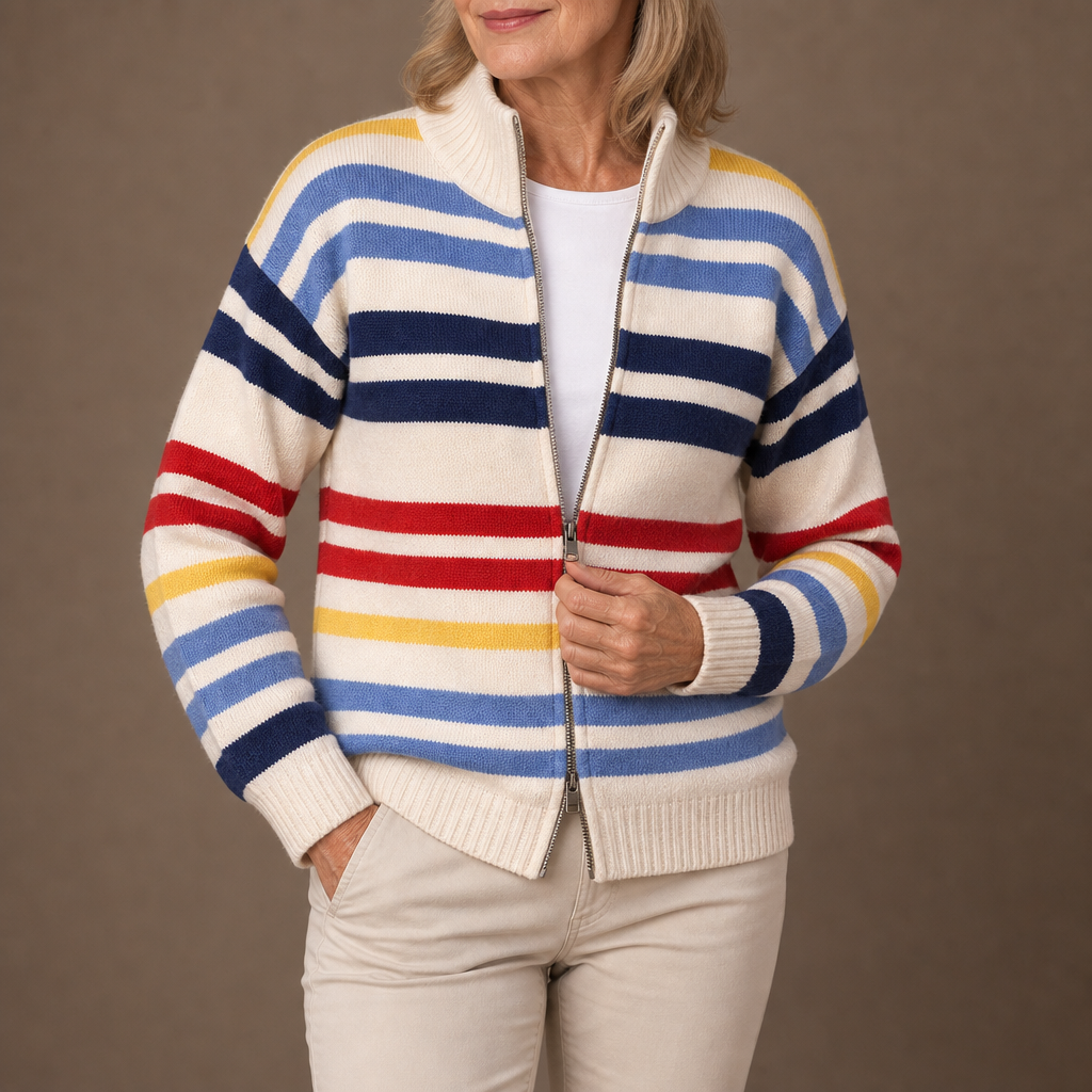 Emmett striped zip cardigan in Cream, zip detail