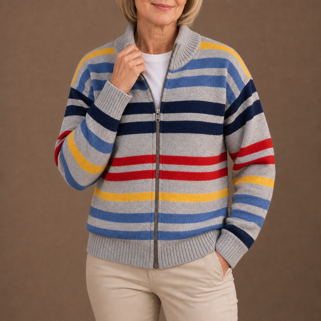 Emmett striped zip cardigan in Grey, hand at the collar