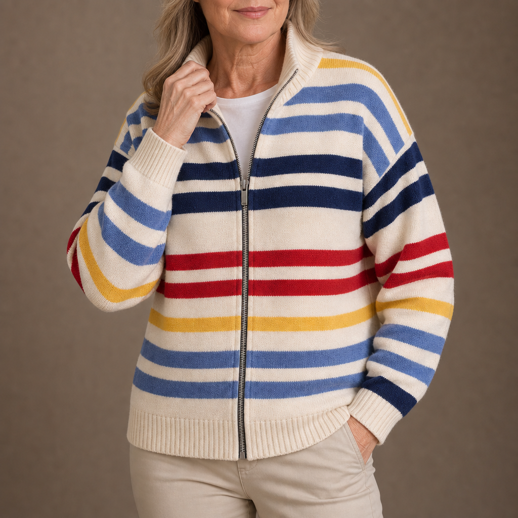 Emmett striped zip cardigan in Cream, hand at the collar