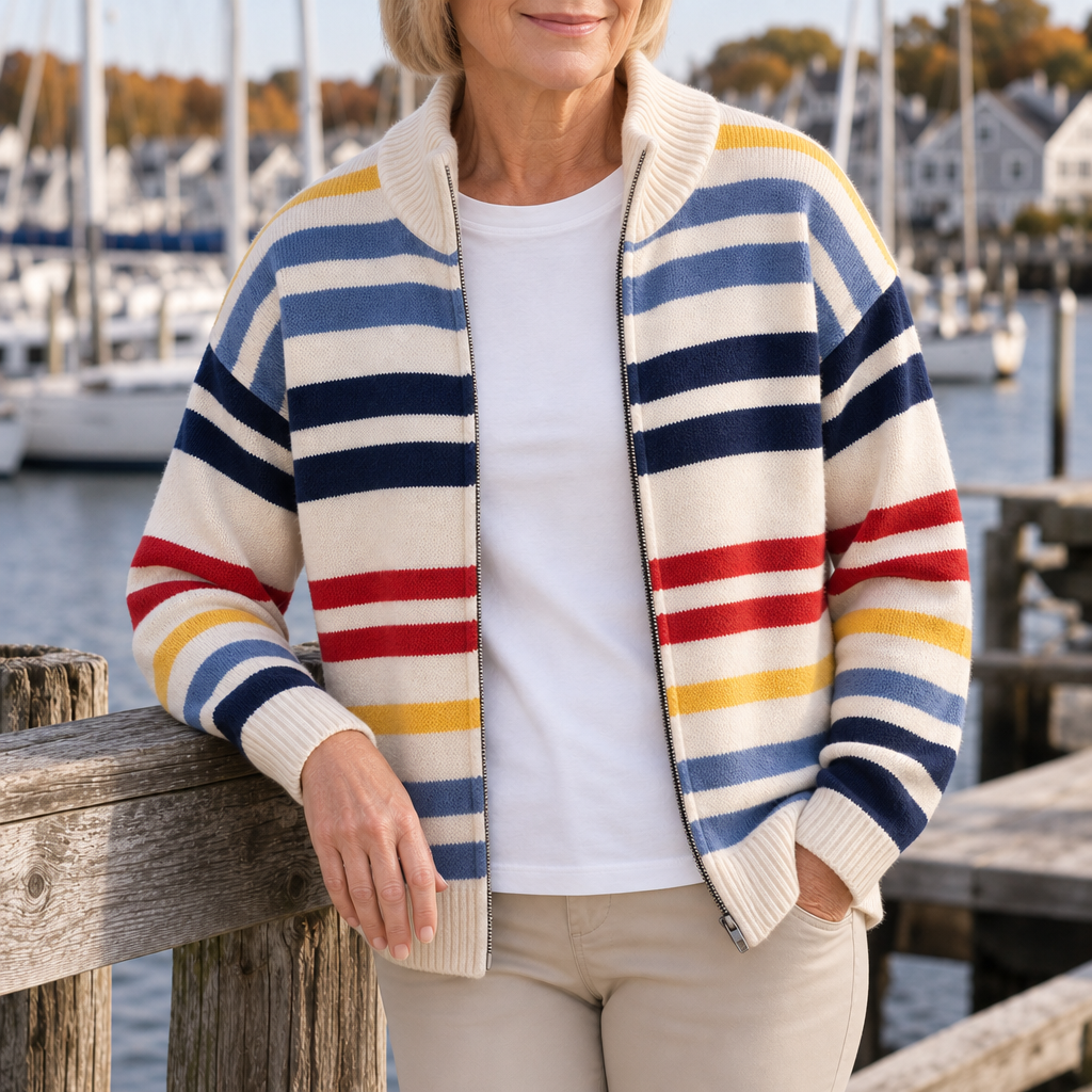 Emmett striped zip cardigan in Cream by the harbour