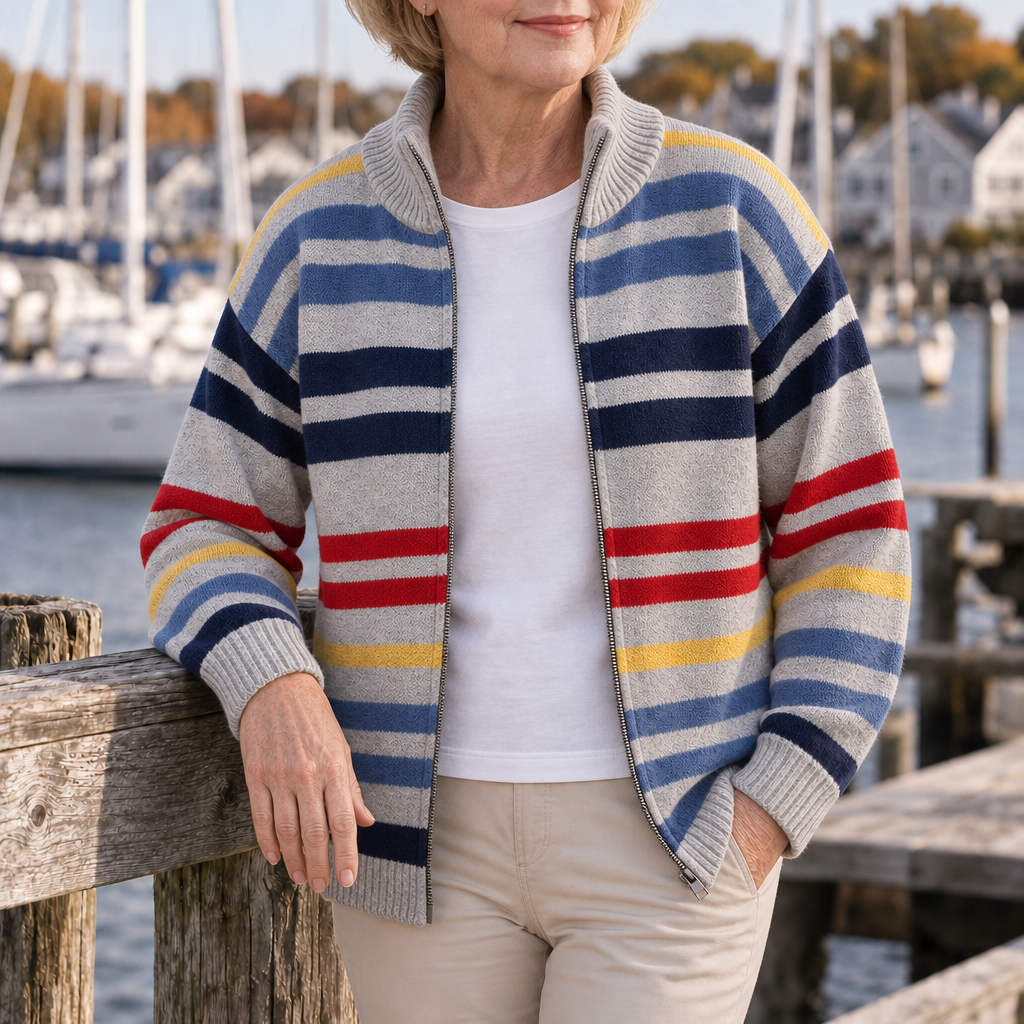 Emmett striped zip cardigan in Grey, leaning on the harbour rail