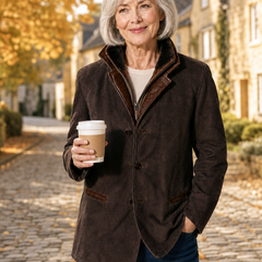 Tabitha jacket in Chocolate, worn with jeans in an English market town