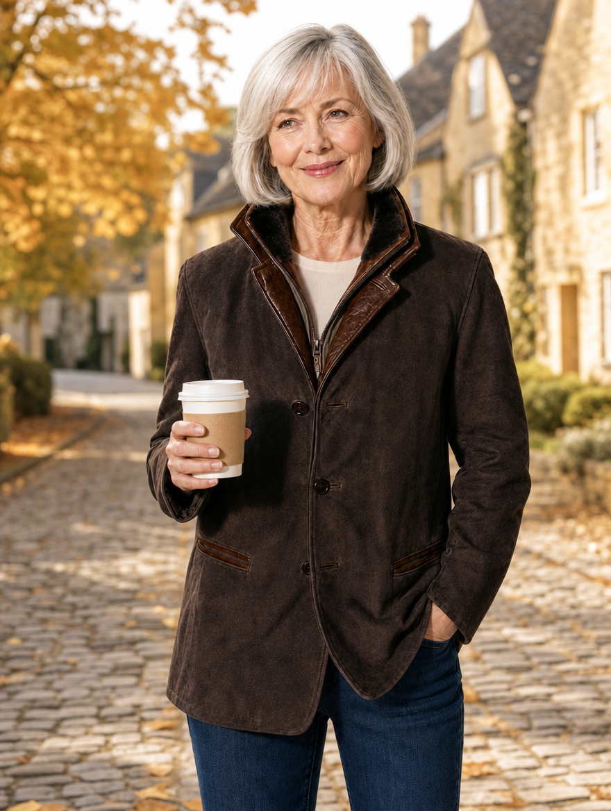 Tabitha jacket in Chocolate, worn with jeans in an English market town